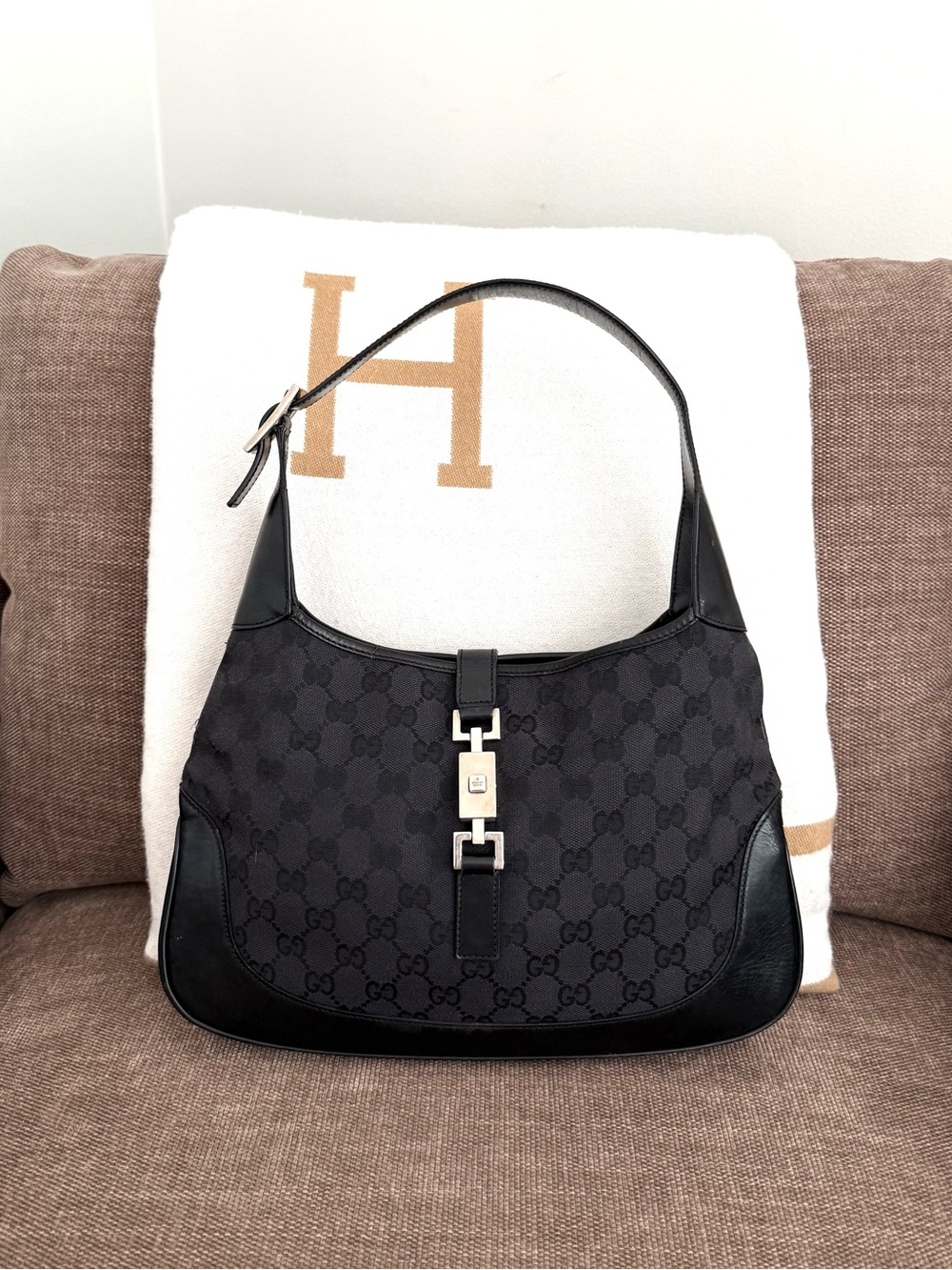 Gucci authentic Jackie hobo bag black monogram canvas black leather shoulder bag